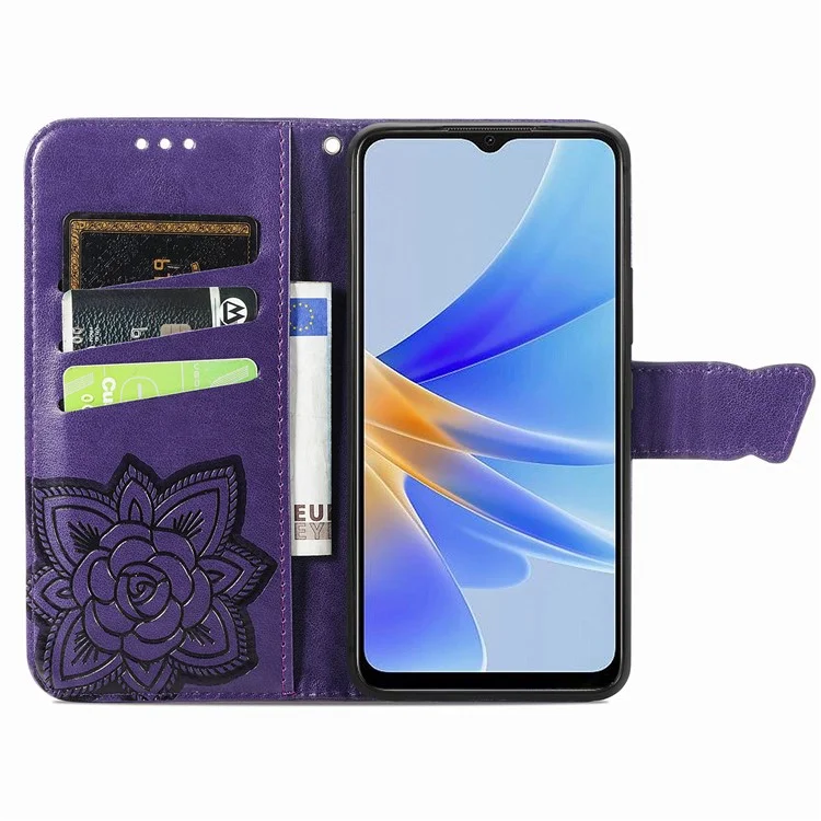 Per Oppo A17 4G / A17k 4G Protezione completa Custodia in pelle PU Caso di telefono con motivo a farfalla stampato Portafoglio Flip Chiusura magnetica Antigraffio Custodia per telefono - Viola