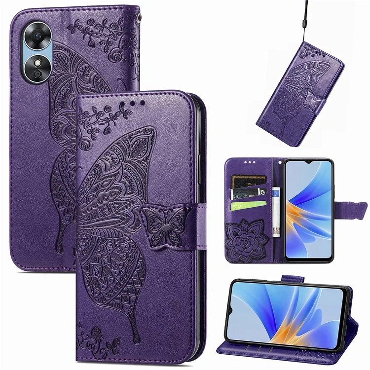 Per Oppo A17 4G / A17k 4G Protezione completa Custodia in pelle PU Caso di telefono con motivo a farfalla stampato Portafoglio Flip Chiusura magnetica Antigraffio Custodia per telefono - Viola