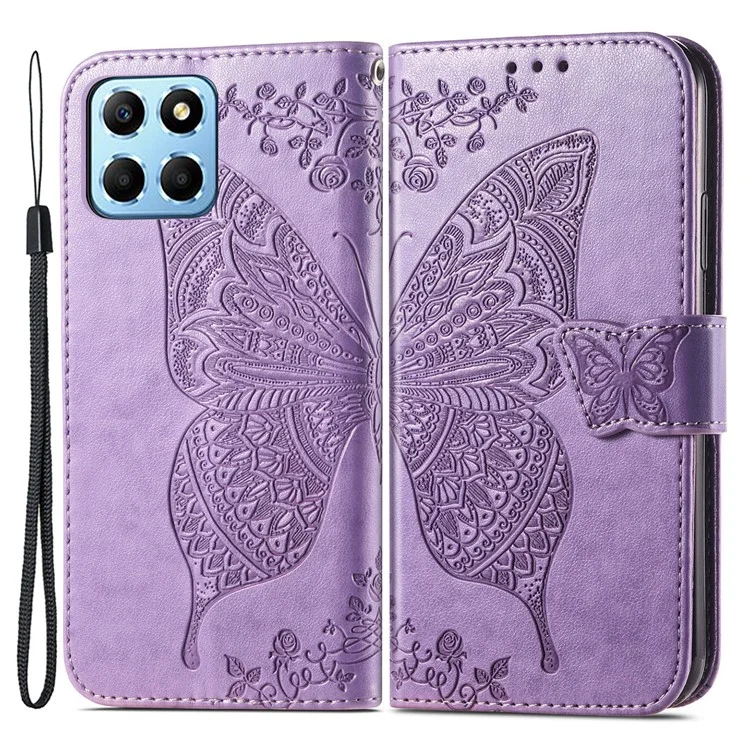 For Honor X8 5G PU Leder Schutzhülle mit Schmetterlingsmuster, stoßfest, Flip-Handyhülle mit Ständer und Geldbörse - Hellviolett