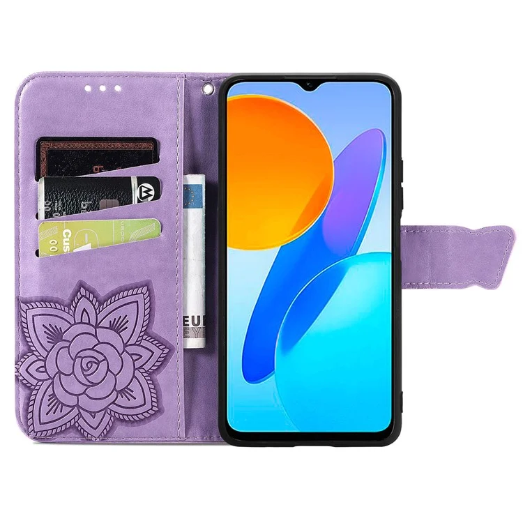 For Honor X8 5G PU Leder Schutzhülle mit Schmetterlingsmuster, stoßfest, Flip-Handyhülle mit Ständer und Geldbörse - Hellviolett