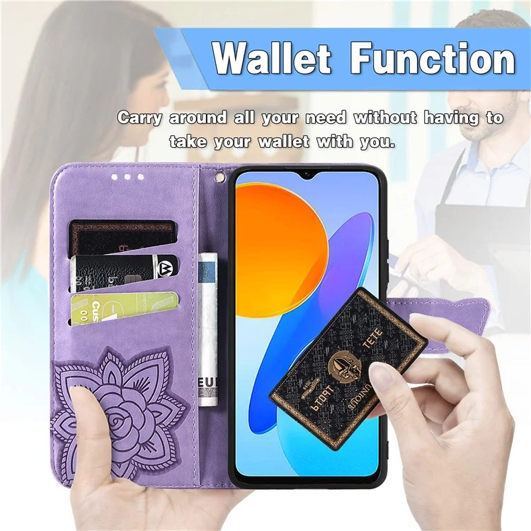 For Honor X8 5G PU Leder Schutzhülle mit Schmetterlingsmuster, stoßfest, Flip-Handyhülle mit Ständer und Geldbörse - Hellviolett