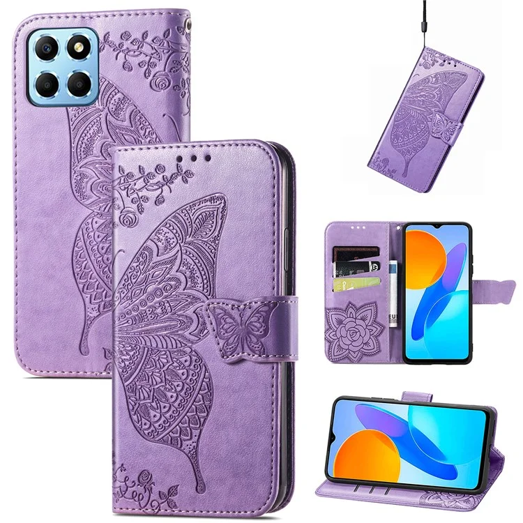 For Honor X8 5G PU Leder Schutzhülle mit Schmetterlingsmuster, stoßfest, Flip-Handyhülle mit Ständer und Geldbörse - Hellviolett
