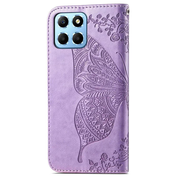 For Honor X8 5G PU Leder Schutzhülle mit Schmetterlingsmuster, stoßfest, Flip-Handyhülle mit Ständer und Geldbörse - Hellviolett