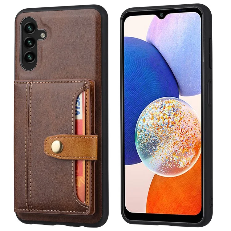 Para Samsung Galaxy A14 5G / 4G Calf Texture Phone Case Card Slots Kickstand PU Leather Coated TPU Well-protected Protective Back Cover - Brown