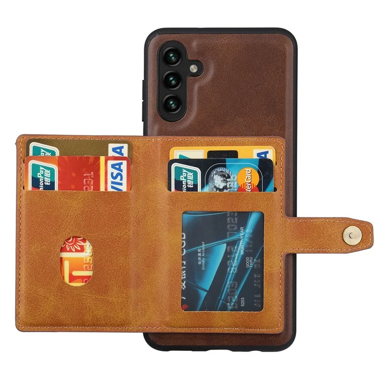 Para Samsung Galaxy A14 5G / 4G Calf Texture Phone Case Card Slots Kickstand PU Leather Coated TPU Well-protected Protective Back Cover - Brown