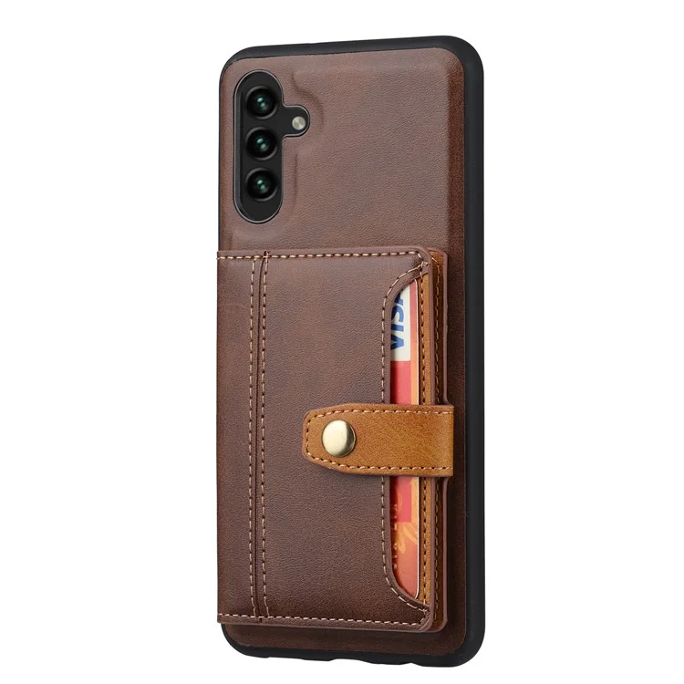 Para Samsung Galaxy A14 5G / 4G Calf Texture Phone Case Card Slots Kickstand PU Leather Coated TPU Well-protected Protective Back Cover - Brown