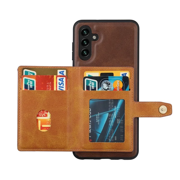 Pour Samsung Galaxy A54 5G Bump Proof Calf Texture Phone Case Card Slots Kickstand PU Leather Coated TPU Protective Back Cover - Marron
