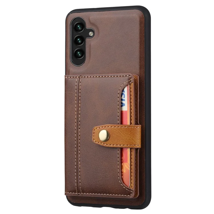 Pour Samsung Galaxy A54 5G Bump Proof Calf Texture Phone Case Card Slots Kickstand PU Leather Coated TPU Protective Back Cover - Marron