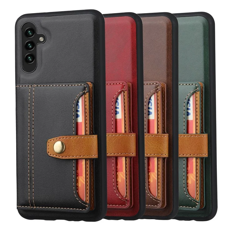 Pour Samsung Galaxy A54 5G Bump Proof Calf Texture Phone Case Card Slots Kickstand PU Leather Coated TPU Protective Back Cover - Marron