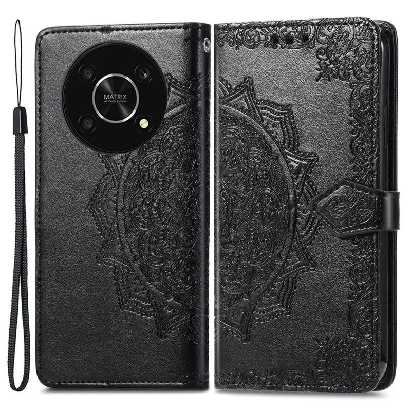 Copertina Per Cellulare di Chiusura Magnetica Per Huawei Nova Y90 4G, Custodia Per Portafoglio in Pelle Mandala in Rilievo - Nero