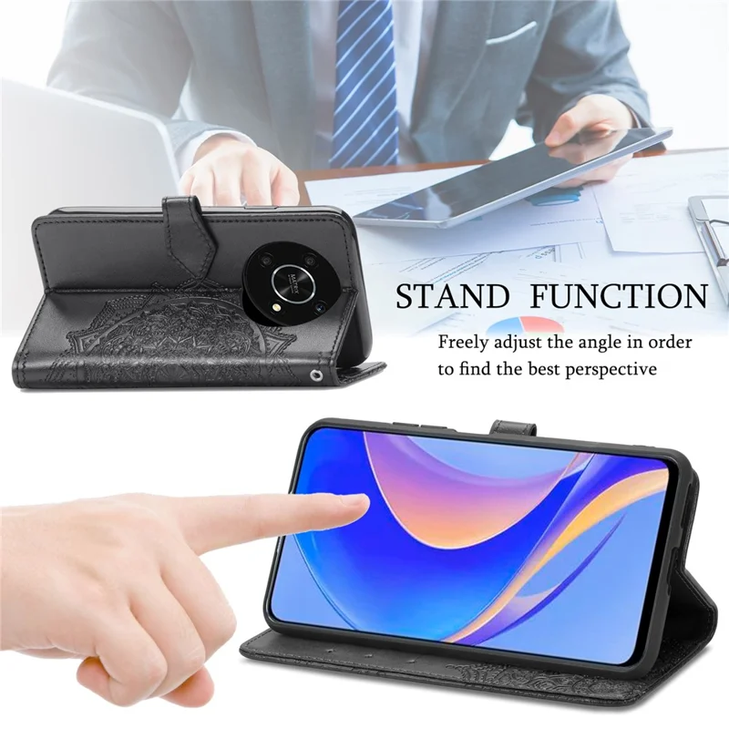 Copertina Per Cellulare di Chiusura Magnetica Per Huawei Nova Y90 4G, Custodia Per Portafoglio in Pelle Mandala in Rilievo - Nero