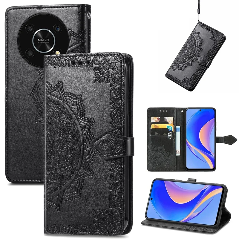 Copertina Per Cellulare di Chiusura Magnetica Per Huawei Nova Y90 4G, Custodia Per Portafoglio in Pelle Mandala in Rilievo - Nero