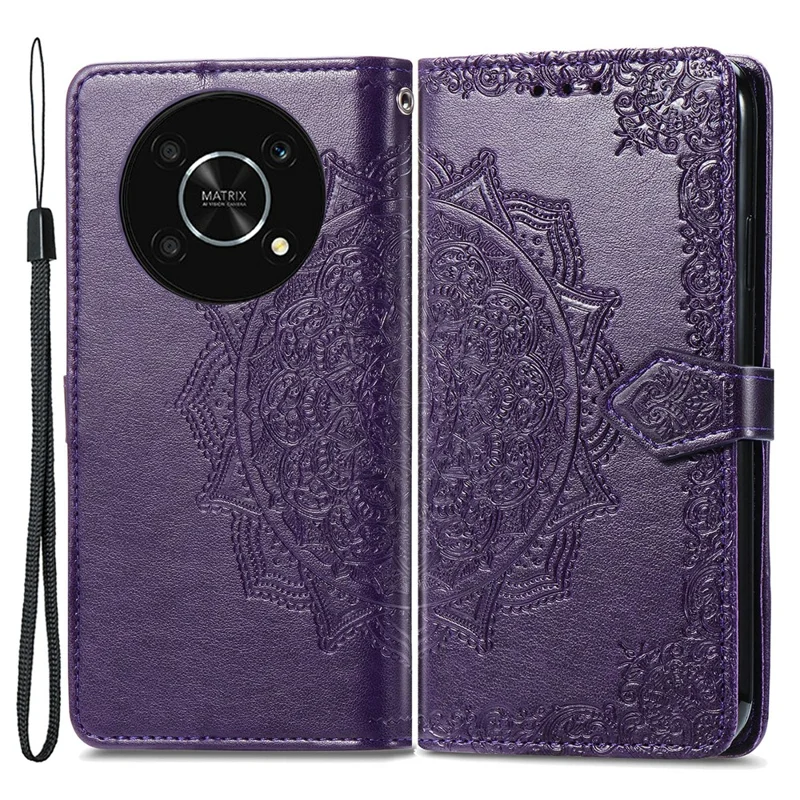 Tampa do Telefone Celular Magnética do Fecho Para Huawei Nova Y90 4G, Mandala Pattern Pattern PU Pulho Catalha de Catalha de Calaria Anti-rurch Case Flip - Roxo