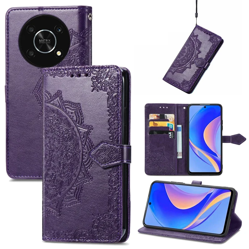 Tampa do Telefone Celular Magnética do Fecho Para Huawei Nova Y90 4G, Mandala Pattern Pattern PU Pulho Catalha de Catalha de Calaria Anti-rurch Case Flip - Roxo