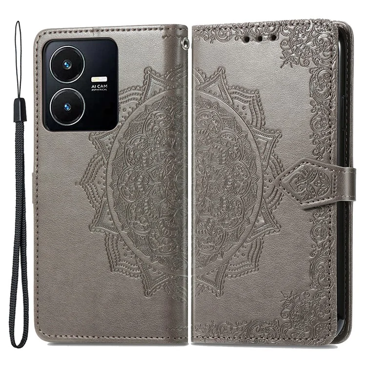 Für Vivo Y22s 4g / Y22 4G Vollschutz Magnetverschluss Telefonabdeckung Geprägtes Mandala Muster PU Leder Brieftasche Anti-schock-telefonhülle - Grau