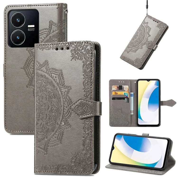 Für Vivo Y22s 4g / Y22 4G Vollschutz Magnetverschluss Telefonabdeckung Geprägtes Mandala Muster PU Leder Brieftasche Anti-schock-telefonhülle - Grau