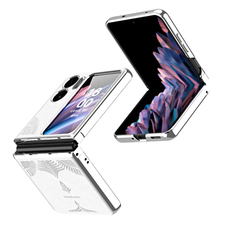 Étui de téléphone à électrodéposition pour Oppo Find N2 Flip 5G, boîtier rigide en PC enduit de cuir texturé en peau de litchi - Blanc