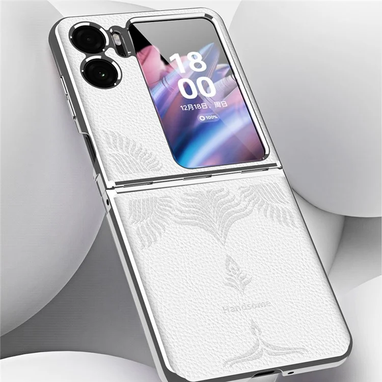 Étui de téléphone à électrodéposition pour Oppo Find N2 Flip 5G, boîtier rigide en PC enduit de cuir texturé en peau de litchi - Blanc