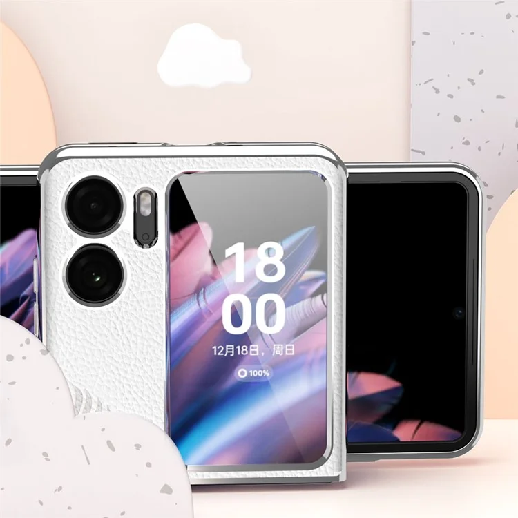 Étui de téléphone à électrodéposition pour Oppo Find N2 Flip 5G, boîtier rigide en PC enduit de cuir texturé en peau de litchi - Blanc