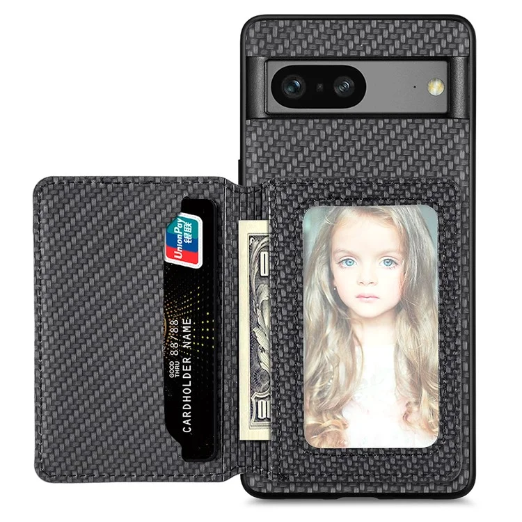 For Google Pixel 7a PU Leather Coated PC+TPU Magnetic Phone Cover Carbon Fiber Texture Shockproof Anti-sratch Phone Case Wallet Kickstand - Black