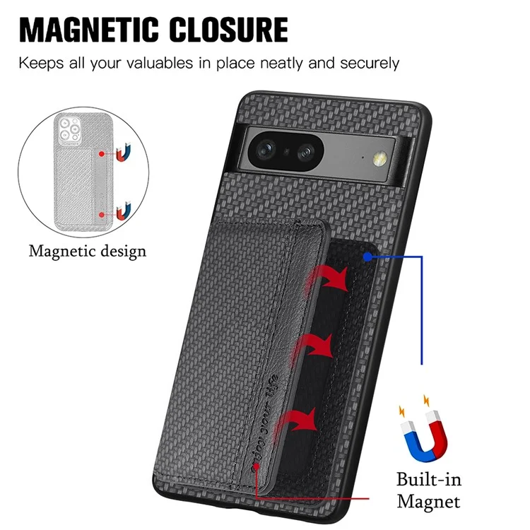 For Google Pixel 7a PU Leather Coated PC+TPU Magnetic Phone Cover Carbon Fiber Texture Shockproof Anti-sratch Phone Case Wallet Kickstand - Black