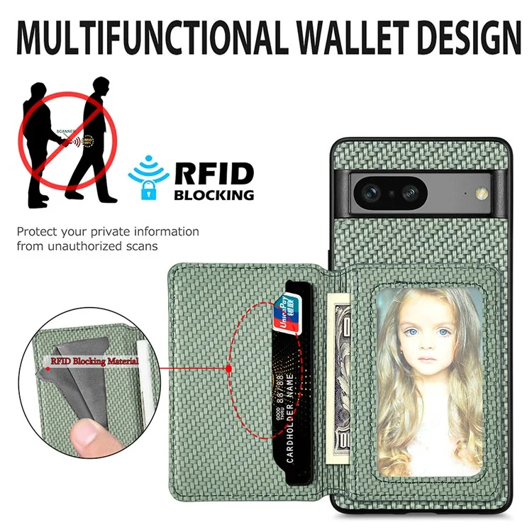 For Google Pixel 7a PU Leather Coated PC+TPU Magnetic Phone Cover Carbon Fiber Texture Shockproof Anti-sratch Phone Case Wallet Kickstand - Black
