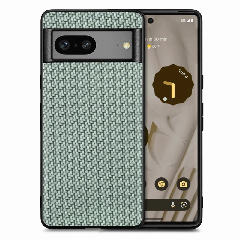 For Google Pixel 7a 5G Carbon Fiber Texture Phone Back Case PU Leather Coated PC+TPU Shockproof Cover - Green