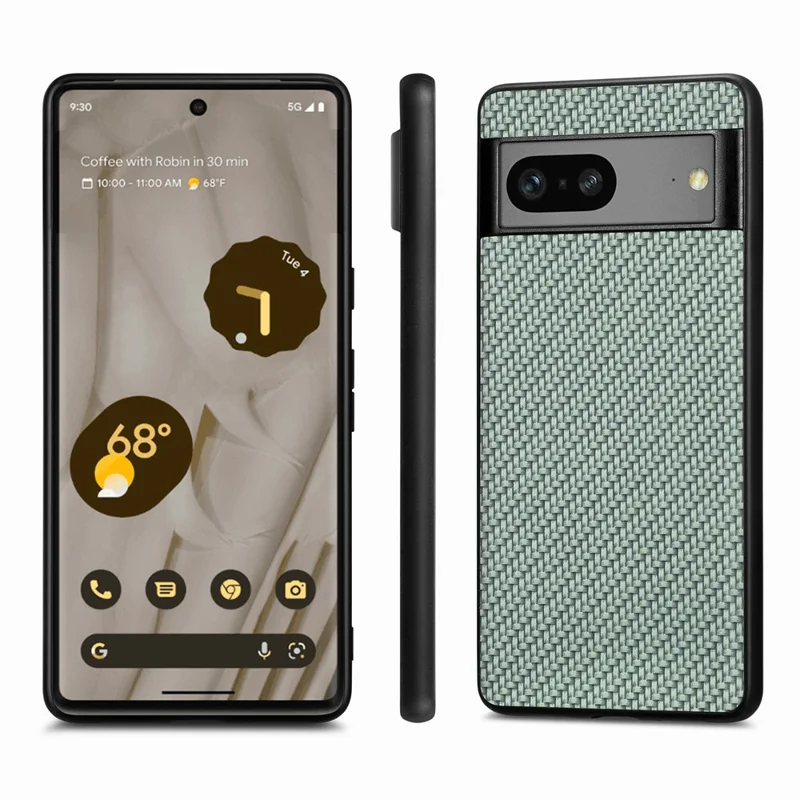 For Google Pixel 7a 5G Carbon Fiber Texture Phone Back Case PU Leather Coated PC+TPU Shockproof Cover - Green