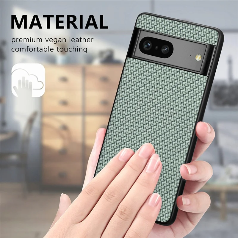 For Google Pixel 7a 5G Carbon Fiber Texture Phone Back Case PU Leather Coated PC+TPU Shockproof Cover - Green