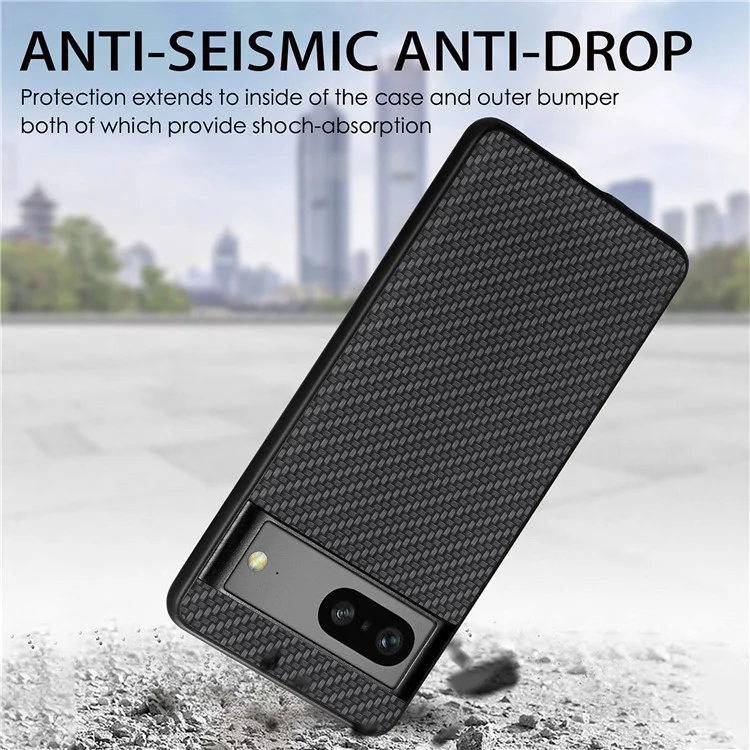 Für Google Pixel 7a 5G Carbonfaser Texture Phone Back Hülle PU Lederbeschichtete PC+TPU Schockdcoverabdeckung - Schwarz