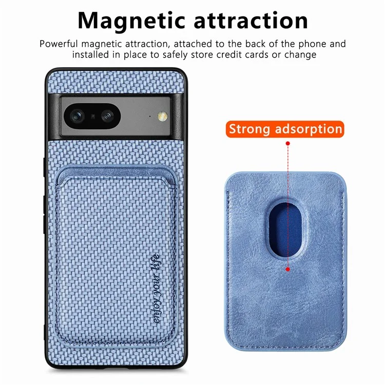 For Google Pixel 7a 5G Carbon Fiber Texture Drop-proof Case Detachable Magnetic Card Holder PC + TPU + PU Leather Protective Cover - Blue