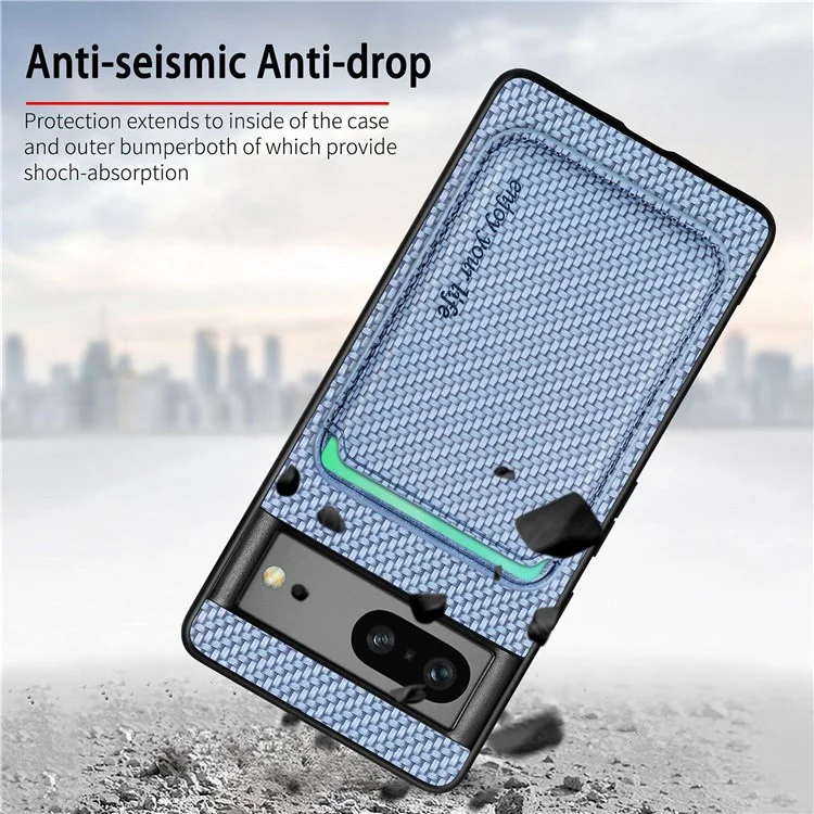 For Google Pixel 7a 5G Carbon Fiber Texture Drop-proof Case Detachable Magnetic Card Holder PC + TPU + PU Leather Protective Cover - Blue