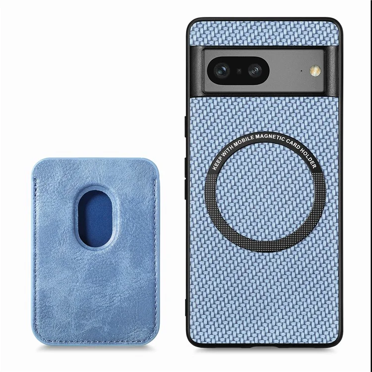 For Google Pixel 7a 5G Carbon Fiber Texture Drop-proof Case Detachable Magnetic Card Holder PC + TPU + PU Leather Protective Cover - Blue