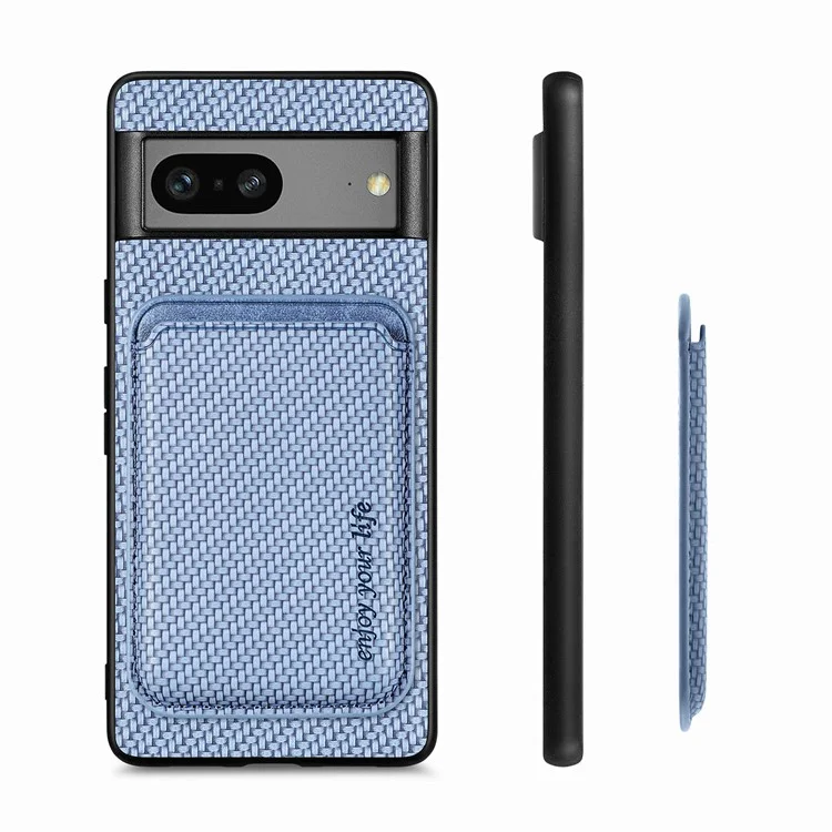 For Google Pixel 7a 5G Carbon Fiber Texture Drop-proof Case Detachable Magnetic Card Holder PC + TPU + PU Leather Protective Cover - Blue