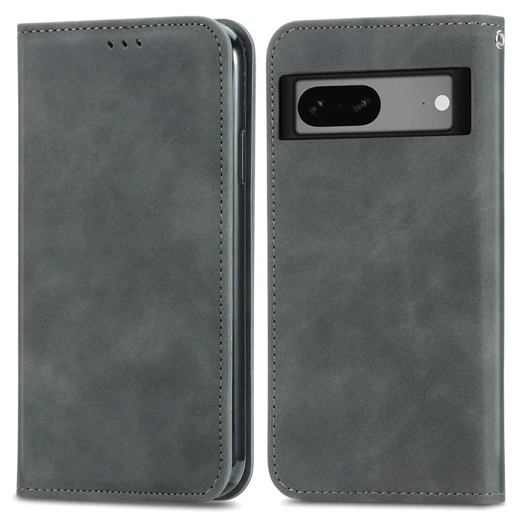 For Google Pixel 7a Magnetic Absorption Retro PU Leather Anti-drop Phone Cover with Card Slots Skin-touch Feeling Flip Phone Case Stand - Grey
