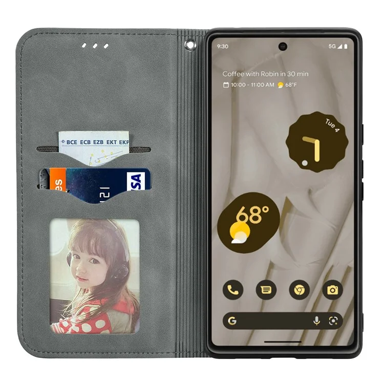 For Google Pixel 7a Magnetic Absorption Retro PU Leather Anti-drop Phone Cover with Card Slots Skin-touch Feeling Flip Phone Case Stand - Grey