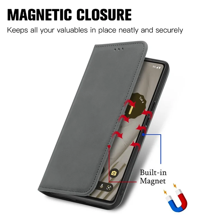For Google Pixel 7a Magnetic Absorption Retro PU Leather Anti-drop Phone Cover with Card Slots Skin-touch Feeling Flip Phone Case Stand - Grey