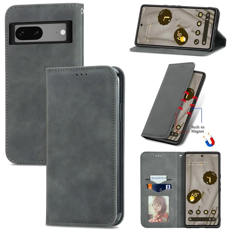 For Google Pixel 7a Magnetic Absorption Retro PU Leather Anti-drop Phone Cover with Card Slots Skin-touch Feeling Flip Phone Case Stand - Grey