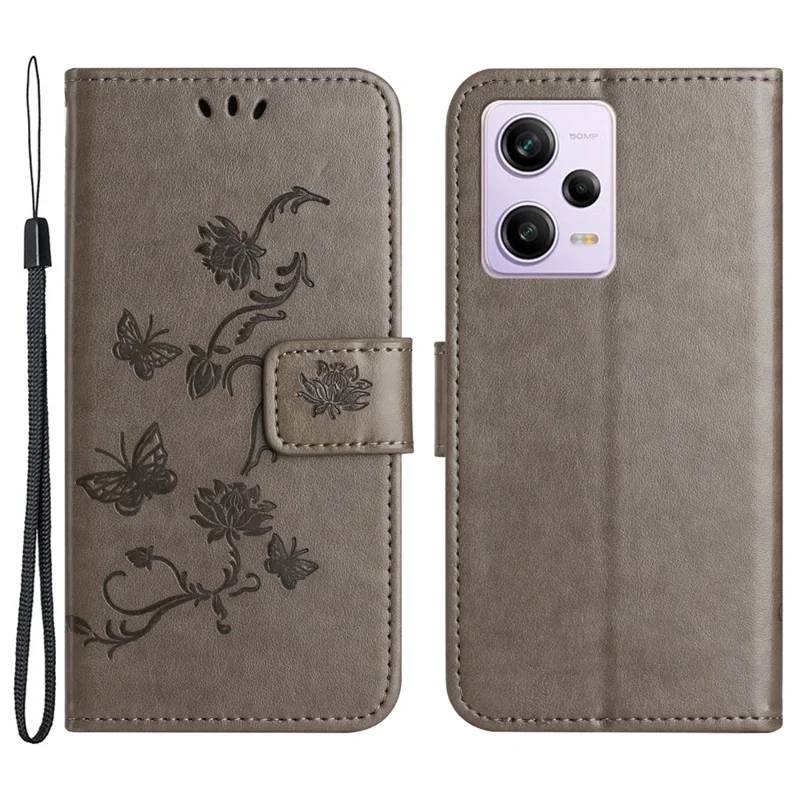 Capa de telefone para Xiaomi Redmi Note 12 5G (Global) / (Índia) / (China) / Poco X5 5G, capa de telefone de couro PU antirruído com design de borboleta e flor estampado - Cinza