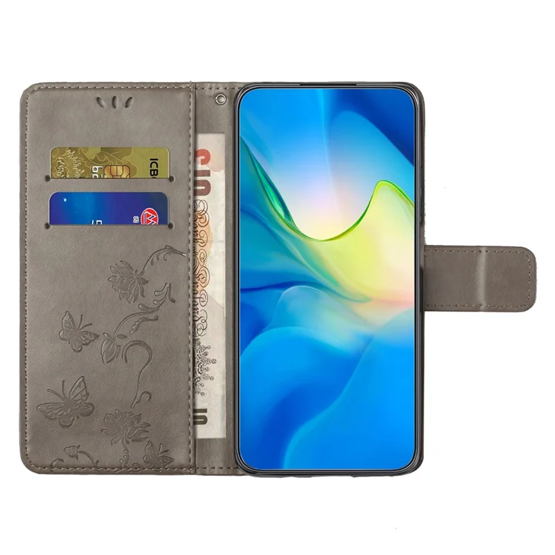 Capa de telefone para Xiaomi Redmi Note 12 5G (Global) / (Índia) / (China) / Poco X5 5G, capa de telefone de couro PU antirruído com design de borboleta e flor estampado - Cinza
