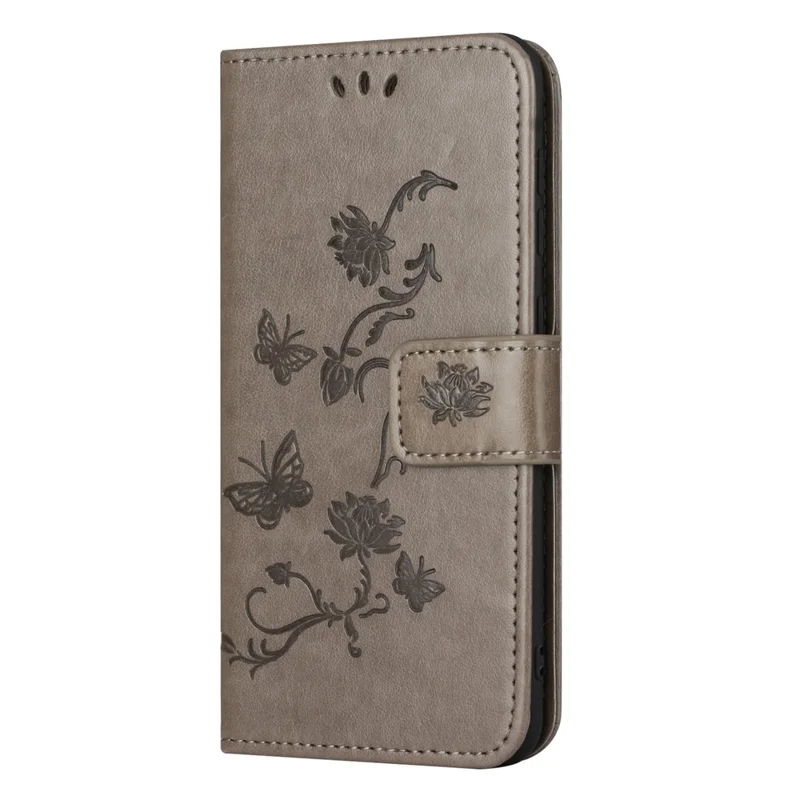 Capa de telefone para Xiaomi Redmi Note 12 5G (Global) / (Índia) / (China) / Poco X5 5G, capa de telefone de couro PU antirruído com design de borboleta e flor estampado - Cinza