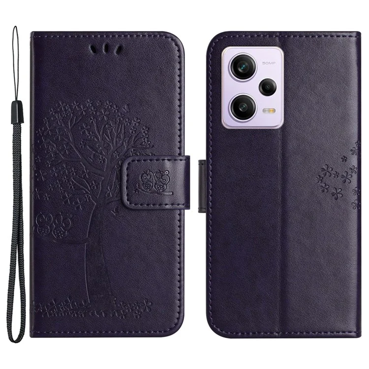 Funda de teléfono anti-caída para Xiaomi Redmi Note 12 5G (Global) / (India) / (China) / Poco X5 5G PU Leather Protective Phone Cover Wallet Stand con patrón de búho y árbol estampado - Púrpura oscuro