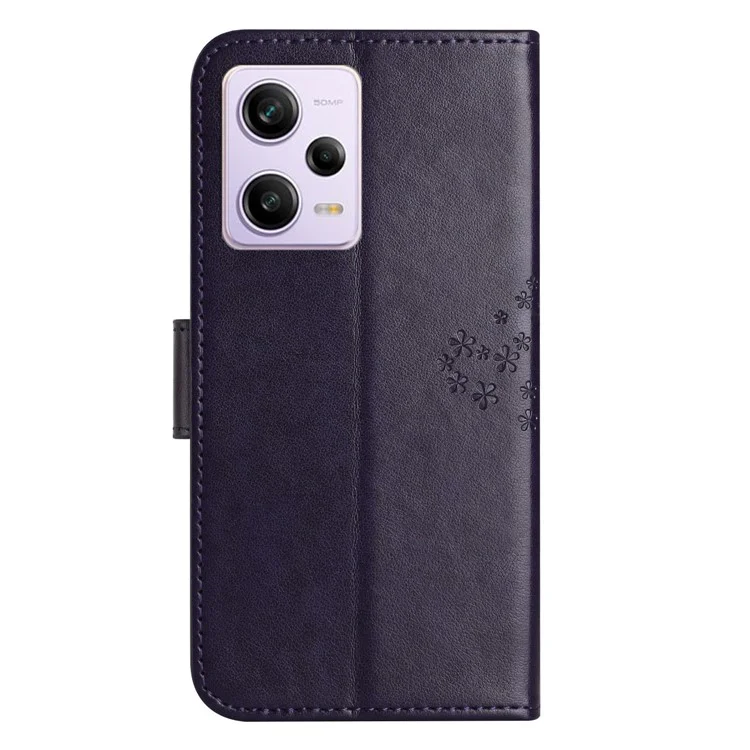Funda de teléfono anti-caída para Xiaomi Redmi Note 12 5G (Global) / (India) / (China) / Poco X5 5G PU Leather Protective Phone Cover Wallet Stand con patrón de búho y árbol estampado - Púrpura oscuro