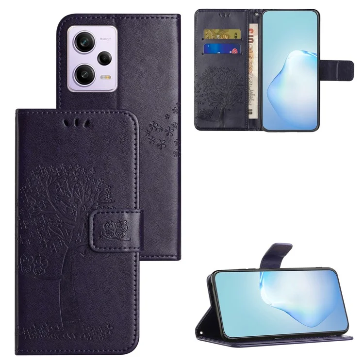 Funda de teléfono anti-caída para Xiaomi Redmi Note 12 5G (Global) / (India) / (China) / Poco X5 5G PU Leather Protective Phone Cover Wallet Stand con patrón de búho y árbol estampado - Púrpura oscuro
