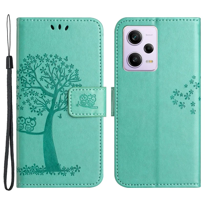 Anti-drop Phone Case For Xiaomi Redmi Note 12 5G (Global) / (India) / (China) / Poco X5 5G PU Leather Protective Phone Cover Wallet Stand with Imprinted Owl Tree Pattern - Cyan