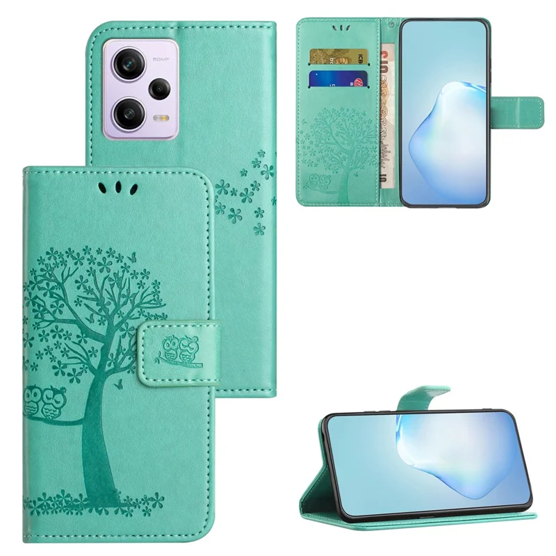 Anti-drop Phone Case For Xiaomi Redmi Note 12 5G (Global) / (India) / (China) / Poco X5 5G PU Leather Protective Phone Cover Wallet Stand with Imprinted Owl Tree Pattern - Cyan