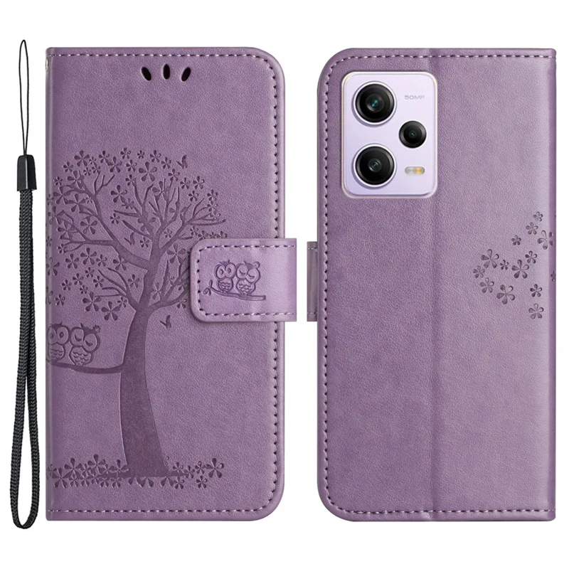 Anti-drop Phone Case For Xiaomi Redmi Note 12 5G (Global) / (India) / (China) / Poco X5 5G PU Leather Protective Phone Cover Wallet Stand with Imprinted Owl Tree Pattern - Purple