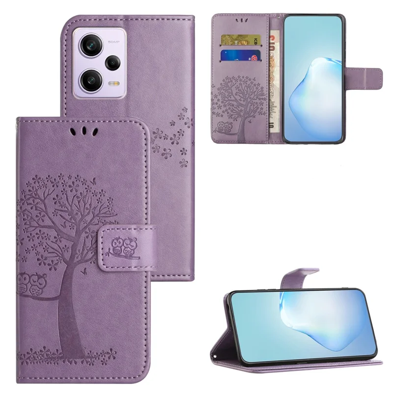Anti-drop Phone Case For Xiaomi Redmi Note 12 5G (Global) / (India) / (China) / Poco X5 5G PU Leather Protective Phone Cover Wallet Stand with Imprinted Owl Tree Pattern - Purple