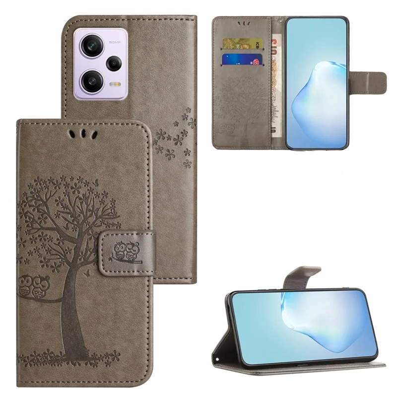 Custodia Protettiva Anti-caduta per Xiaomi Redmi Note 12 5G (Globale) / (India) / (Cina) / Poco X5 5G in Pelle PU con Motivo Impresso a Gufo e Albero - Grigio