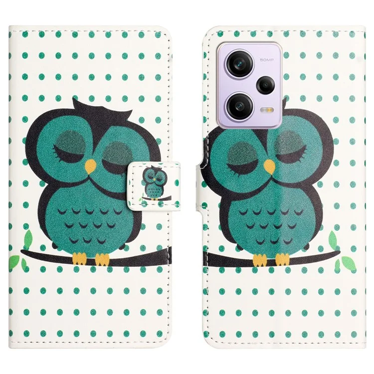 For Xiaomi Redmi Note 12 5G (Global) / (India) / (China) / Poco X5 5G Pattern Printing Wallet Phone Case PU Leather Stand Flip Cover - Dots  /  Owl